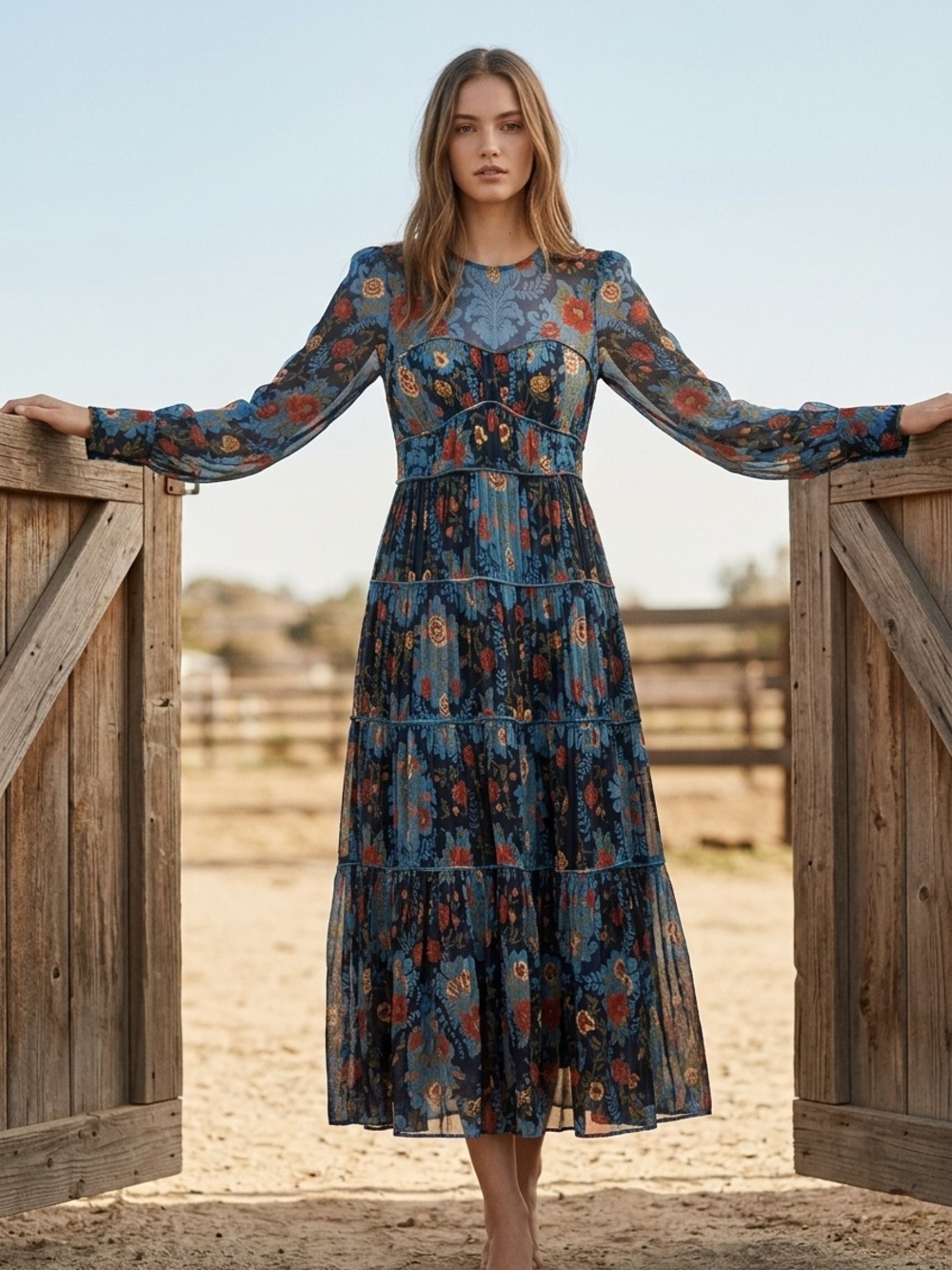 FARM Rio Blue Floral Tiered Maxi Dress $320 Retail - Picture 1 of 7
